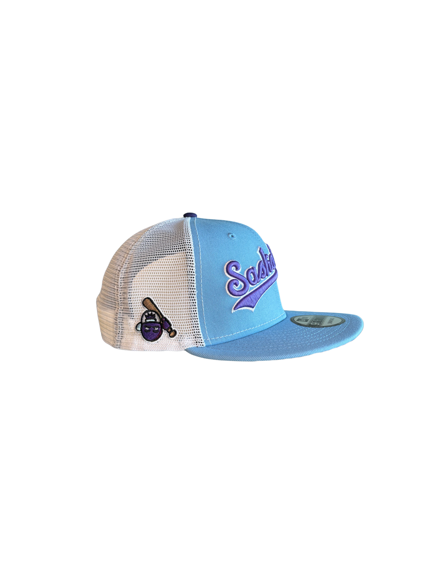 Berries Adult NE 950 Flat Brim Blue Berry Script Mesh Hat Side