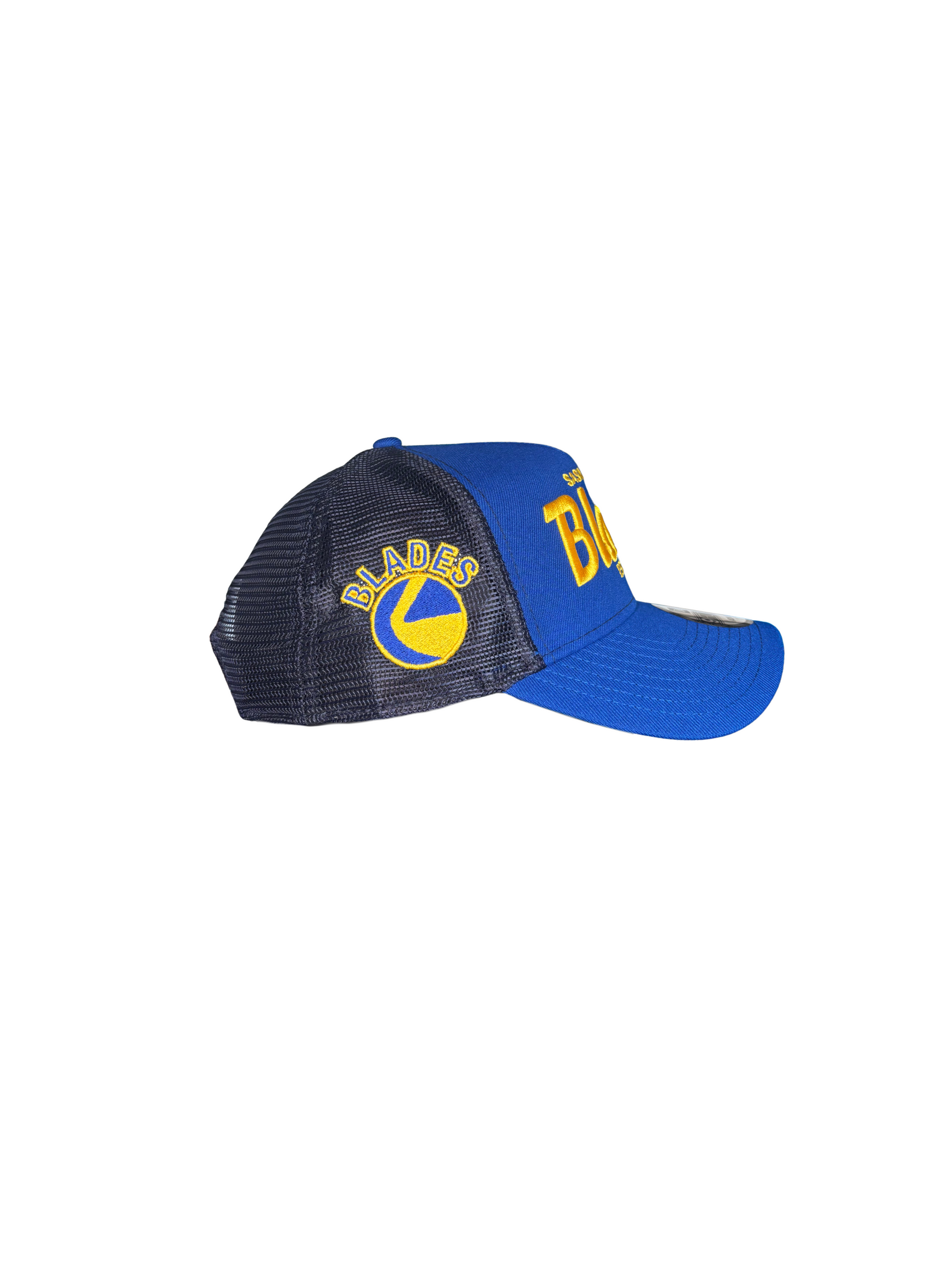 Blades Adult NE 940 Curved Brim 1964 Script Trucker Hat Side